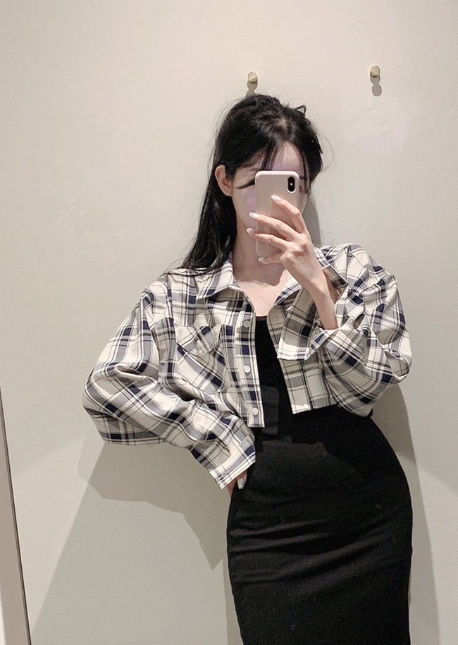 over fit crop check-shirt